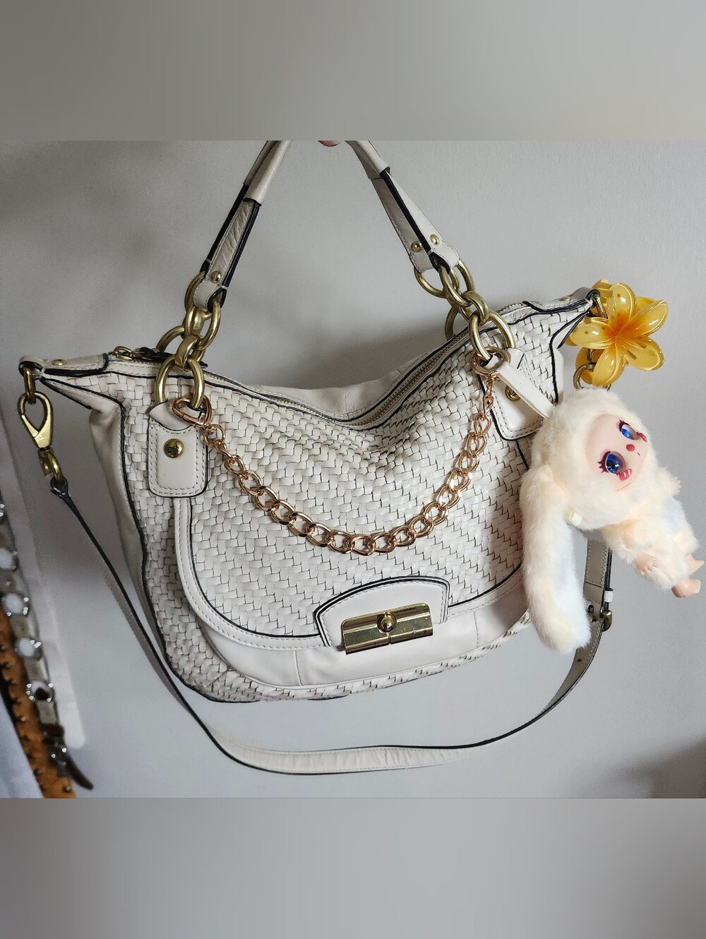 Coach Cream Woven Leather Shoulder Bag with Gold Hardware